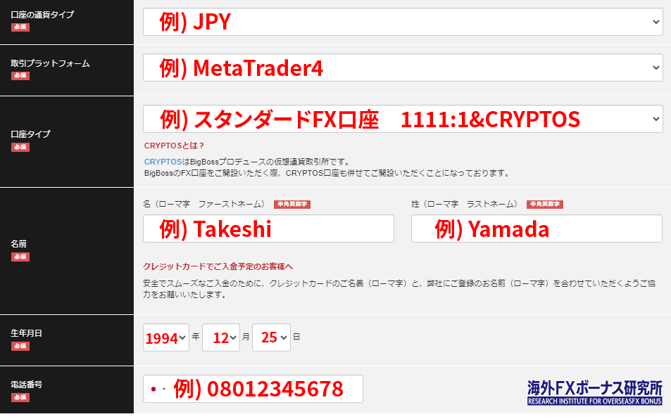 BigBossの口座開設フォーム