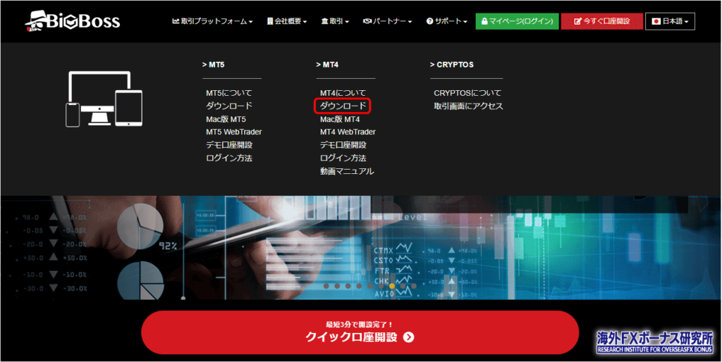 BigBossのMT4をダウンロードする画面