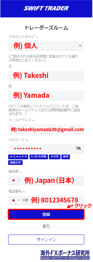 Swift Traderの口座開設フォーム