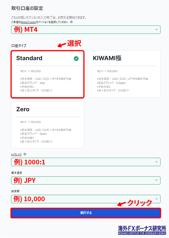 デモ口座の詳細を設定する画面