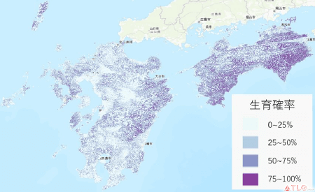 図 GISを活用して描画したオオツヅラフジの生育地ポテンシャル(潜在的分布域)
※渥美聡孝准教授からご提供いただきました